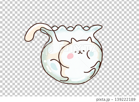 涼しげなガラスの金魚鉢の中にすっぽりと入り込んでくつろぐ猫のイラスト(夏の暑さ対策・液体化) 涼しげなガラスの金魚鉢の中にすっぽりと入り込んでくつろぐ猫のイラスト(夏の暑さ対策・液体化) 139222189