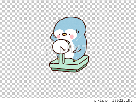An illustration of a penguin breaking out in a cold sweat after stepping on a scale during a health checkup and realizing its weight has increased (diet/lifestyle-related diseases) 139222190