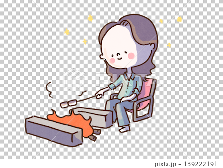 星空の下で焚き火を囲みマシュマロを焼いてグランピングを満喫する女性のイラスト（アウトドア） 139222191
