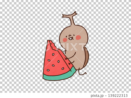 An illustration of a rhinoceros beetle happily devouring a large triangular slice of watermelon (Summer vacation, insect collecting) 139222313