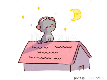 夜に屋根の上で星空と月を眺めながらヘッドホンで音楽を聴いてチルする猫のイラスト（リラックス・音楽） 139222492