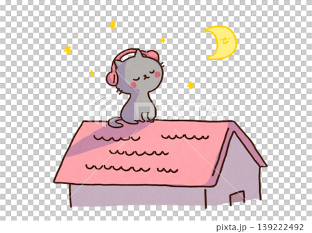 夜に屋根の上で星空と月を眺めながらヘッドホンで音楽を聴いてチルする猫のイラスト（リラックス・音楽） 139222492