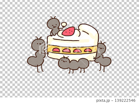 An illustration of cute ants working together to carry a large strawberry shortcake (teamwork). An illustration of cute ants working together to carry a large strawberry shortcake (teamwork). 139222546