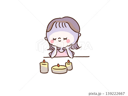 アロマキャンドルを灯して目を閉じ深くリラックスする女性のイラスト（メンタルヘルス・癒やし） 139222667