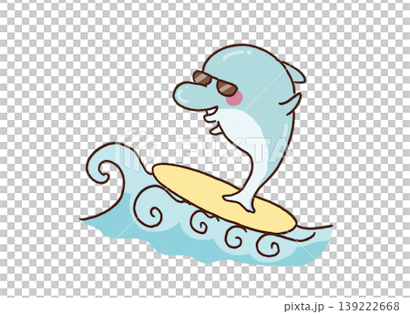 サングラスをかけてサーフボードでかっこよく波に乗るイルカのイラスト（ビジネス・成功のメタファー） 139222668