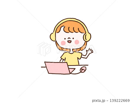 ヘッドホンをつけてノートパソコンの画面に楽しそうに手を振る女の子のイラスト（オンライン学習・英会話） 139222669