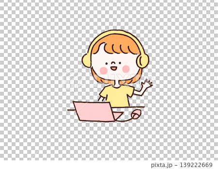 ヘッドホンをつけてノートパソコンの画面に楽しそうに手を振る女の子のイラスト（オンライン学習・英会話） 139222669