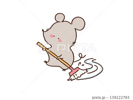 大きなモップを持って一生懸命に床掃除をする可愛いネズミのイラスト（家事・大掃除） 139222765