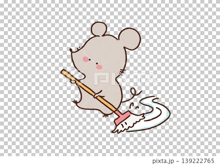 大きなモップを持って一生懸命に床掃除をする可愛いネズミのイラスト（家事・大掃除） 139222765