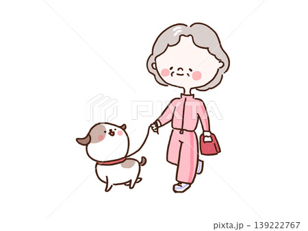 ピンクのウェアを着て愛犬と一緒に元気よくウォーキングを楽しむおばあちゃんのイラスト(シニア・健康) ピンクのウェアを着て愛犬と一緒に元気よくウォーキングを楽しむおばあちゃんのイラスト(シニア・健康) 139222767
