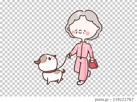 ピンクのウェアを着て愛犬と一緒に元気よくウォーキングを楽しむおばあちゃんのイラスト(シニア・健康) ピンクのウェアを着て愛犬と一緒に元気よくウォーキングを楽しむおばあちゃんのイラスト(シニア・健康) 139222767