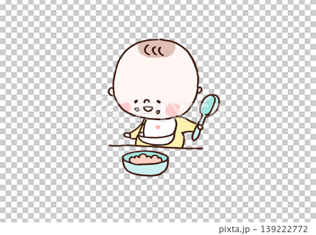 An illustration of a baby smiling and holding a spoon with baby food all over its mouth (Parenting/Food Education) An illustration of a baby smiling and holding a spoon with baby food all over its mouth (Parenting/Food Education) 139222772