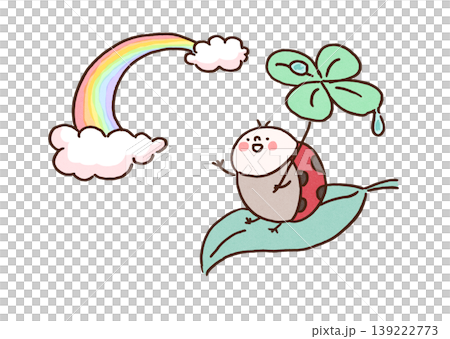 An illustration of a ladybug using a four-leaf clover as an umbrella and looking up at a rainbow after the rain (symbolizing good fortune and the end of the rainy season). An illustration of a ladybug using a four-leaf clover as an umbrella and looking up at a rainbow after the rain (symbolizing good fortune and the end of the rainy season). 139222773