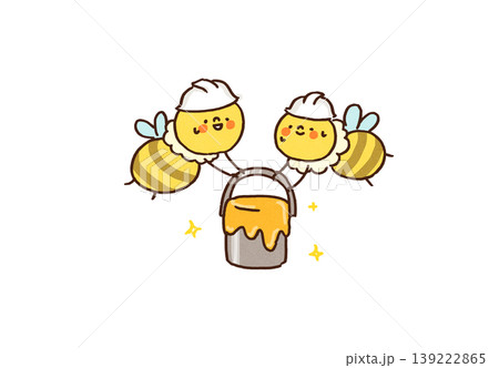 協力してハチミツを運ぶヘルメット姿のミツバチ2匹のイラスト（チームワーク・労働） 139222865