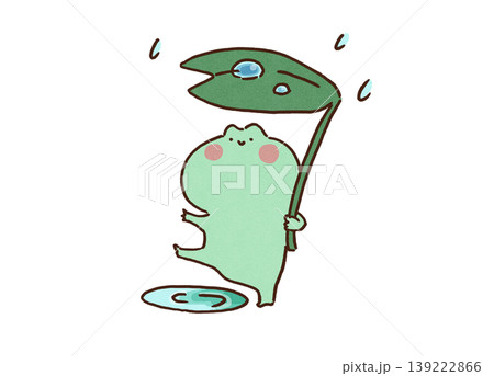 葉っぱを傘にして雨の日に遊ぶカエルのイラスト(梅雨・天気・季節) 葉っぱを傘にして雨の日に遊ぶカエルのイラスト(梅雨・天気・季節) 139222866
