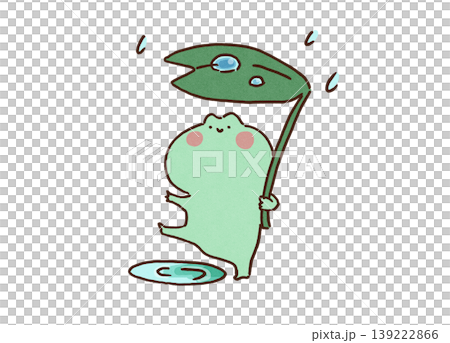 葉っぱを傘にして雨の日に遊ぶカエルのイラスト(梅雨・天気・季節) 葉っぱを傘にして雨の日に遊ぶカエルのイラスト(梅雨・天気・季節) 139222866