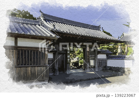 水彩画風　佐伯　養賢寺　山門　大分県佐伯市 139223067