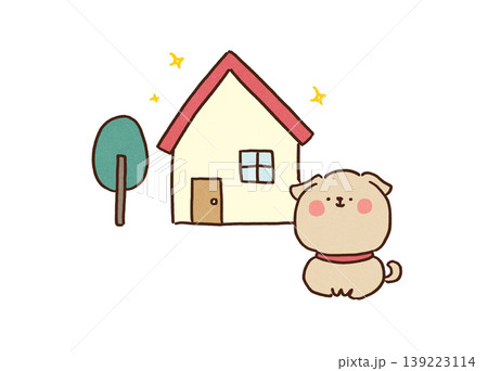 夢のマイホーム・ピカピカの一戸建ての家の前でお座りをする犬のイラスト 139223114