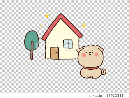 夢のマイホーム・ピカピカの一戸建ての家の前でお座りをする犬のイラスト 139223114