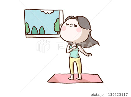 窓から朝日を浴びながらヨガマットの上で気持ちよく深呼吸をする女性のイラスト 139223117