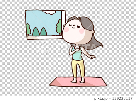 一幅插圖,描繪了一位女子躺在瑜珈墊上,沐浴著透過窗戶灑進來的晨光,深吸一口氣。 一幅插圖,描繪了一位女子躺在瑜珈墊上,沐浴著透過窗戶灑進來的晨光,深吸一口氣。 139223117