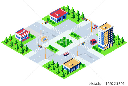 Urban crossroads with traffic flowing smoothly in isometric view Urban crossroads with traffic flowing smoothly in isometric view 139223201