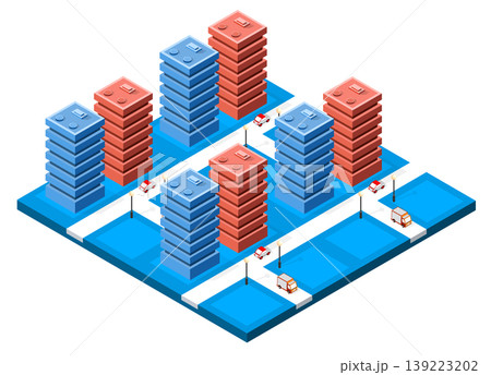 Modern city with skyscrapers and moving vehicles in isometric view 139223202