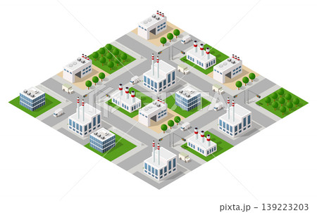 Industrial zone with factories and office buildings generating air pollution Industrial zone with factories and office buildings generating air pollution 139223203