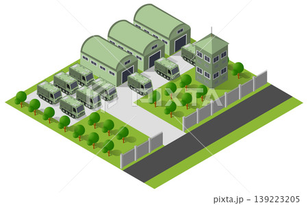 Military base with tanks, missile launchers, and buildings managing 139223205