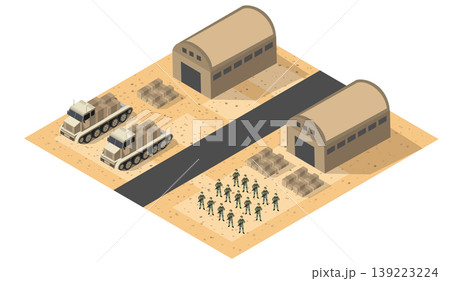 Military logistics operation with soldiers, trucks and warehouses in desert environment Military logistics operation with soldiers, trucks and warehouses in desert environment 139223224