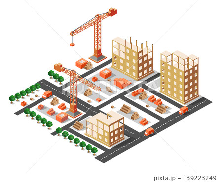 Construction site with cranes building new skyscrapers in isometric view 139223249