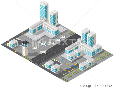 International airport with control tower and airplanes taking off and landing International airport with control tower and airplanes taking off and landing 139223252