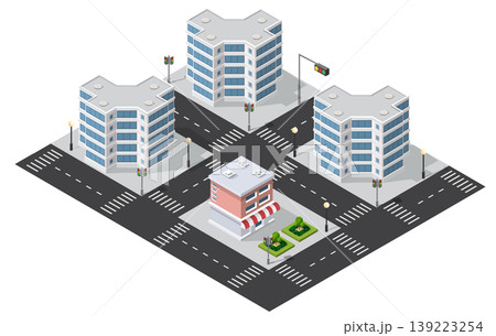 Isometric cityscape with skyscrapers and small shop surrounding intersection Isometric cityscape with skyscrapers and small shop surrounding intersection 139223254
