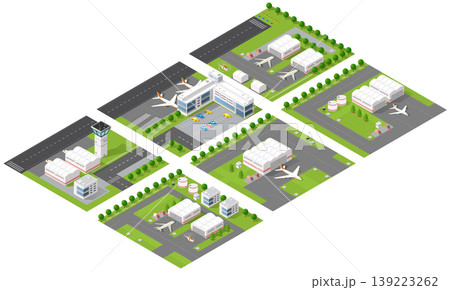 Isometric airport modules showing control tower, hangars, and airplanes 139223262