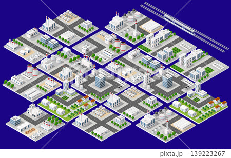 Industrial city blocks expanding with factories, offices, and railway passing through Industrial city blocks expanding with factories, offices, and railway passing through 139223267