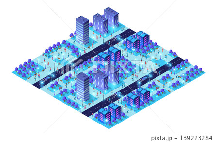 Futuristic smart city at night with glowing buildings and citizens walking on streets Futuristic smart city at night with glowing buildings and citizens walking on streets 139223284