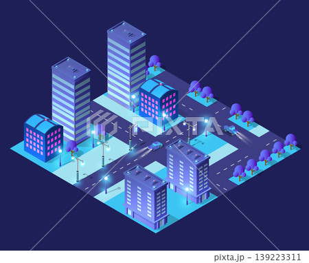 Isometric city streetscape at night with neon buildings Isometric city streetscape at night with neon buildings 139223311