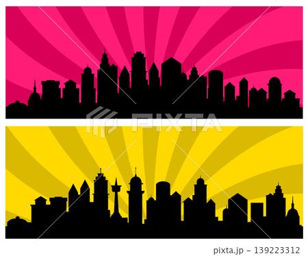 Cityscape silhouettes with colorful radial backgrounds representing 139223312