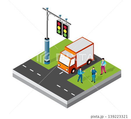 Delivery truck driver talking with police officer near traffic light isometric illustration Delivery truck driver talking with police officer near traffic light isometric illustration 139223321