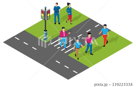 People crossing the street at a crosswalk with traffic light isometric illustration 139223338