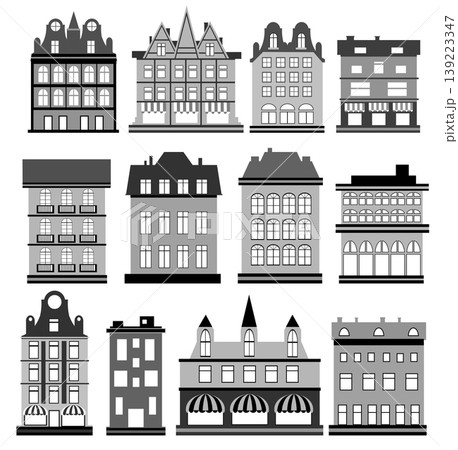 Twelve grey buildings showing urban architecture 139223347