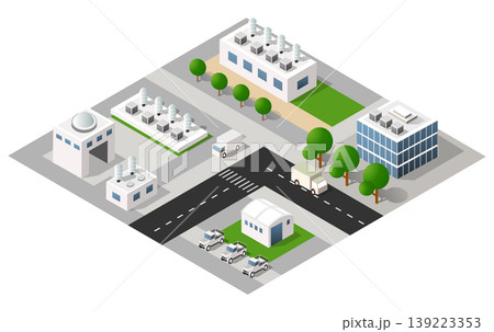 Industrial zone with factories and office buildings generating air pollution Industrial zone with factories and office buildings generating air pollution 139223353
