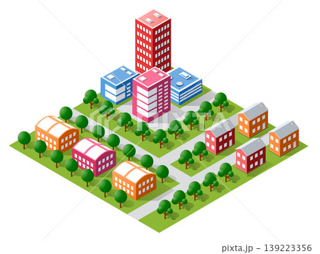 Colorful isometric city center with skyscrapers and traffic 139223356