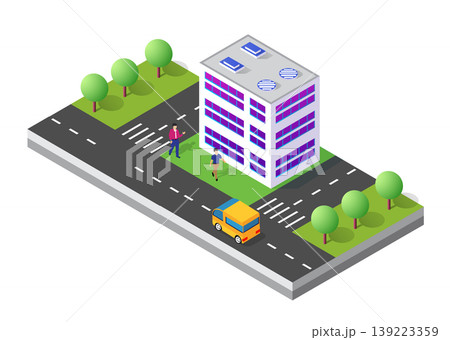 Modern isometric city building with street, trees, and pedestrians Modern isometric city building with street, trees, and pedestrians 139223359