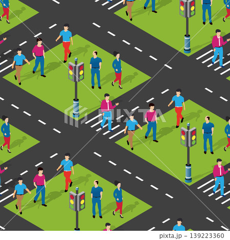 People crossing the street at intersection with traffic lights, isometric seamless pattern People crossing the street at intersection with traffic lights, isometric seamless pattern 139223360