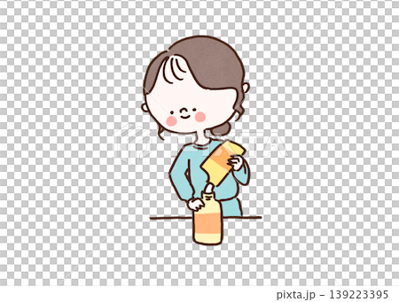 插圖描繪了一位女性將洗滌劑（或洗髮精）倒入環保瓶中（永續發展目標，家務勞動）。 139223395