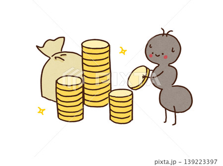 金色のコイン(お金)をせっせと積み上げて貯蓄するアリのイラスト(資産形成・努力) 金色のコイン(お金)をせっせと積み上げて貯蓄するアリのイラスト(資産形成・努力) 139223397