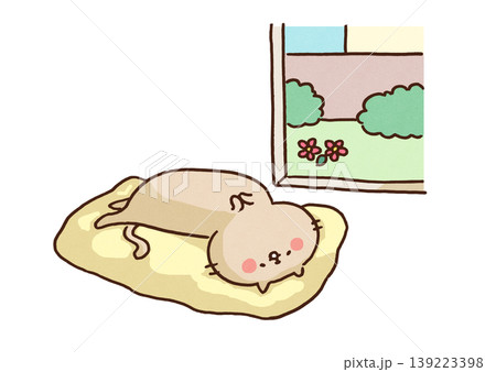 窓際で日差しを浴びながらクッションでお腹を見せて眠る猫のイラスト（リラックス・ペット） 139223398