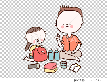 An illustration of a father and daughter checking the contents of their emergency preparedness backpack (Disaster preparedness/Emergency supplies) An illustration of a father and daughter checking the contents of their emergency preparedness backpack (Disaster preparedness/Emergency supplies) 139223399