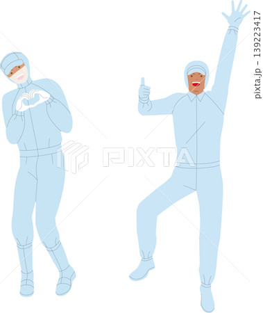 防塵服を着て働く男性と女性。元気で働くイメージのイラスト。 139223417